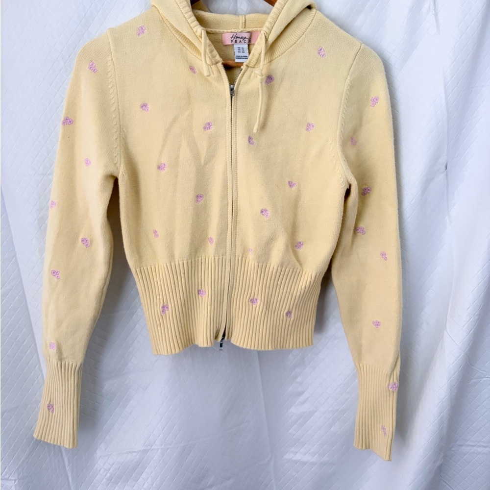 Honey Peach Yellow Zip-Up Hoodie Cardigan with Pink Embroidered flowers